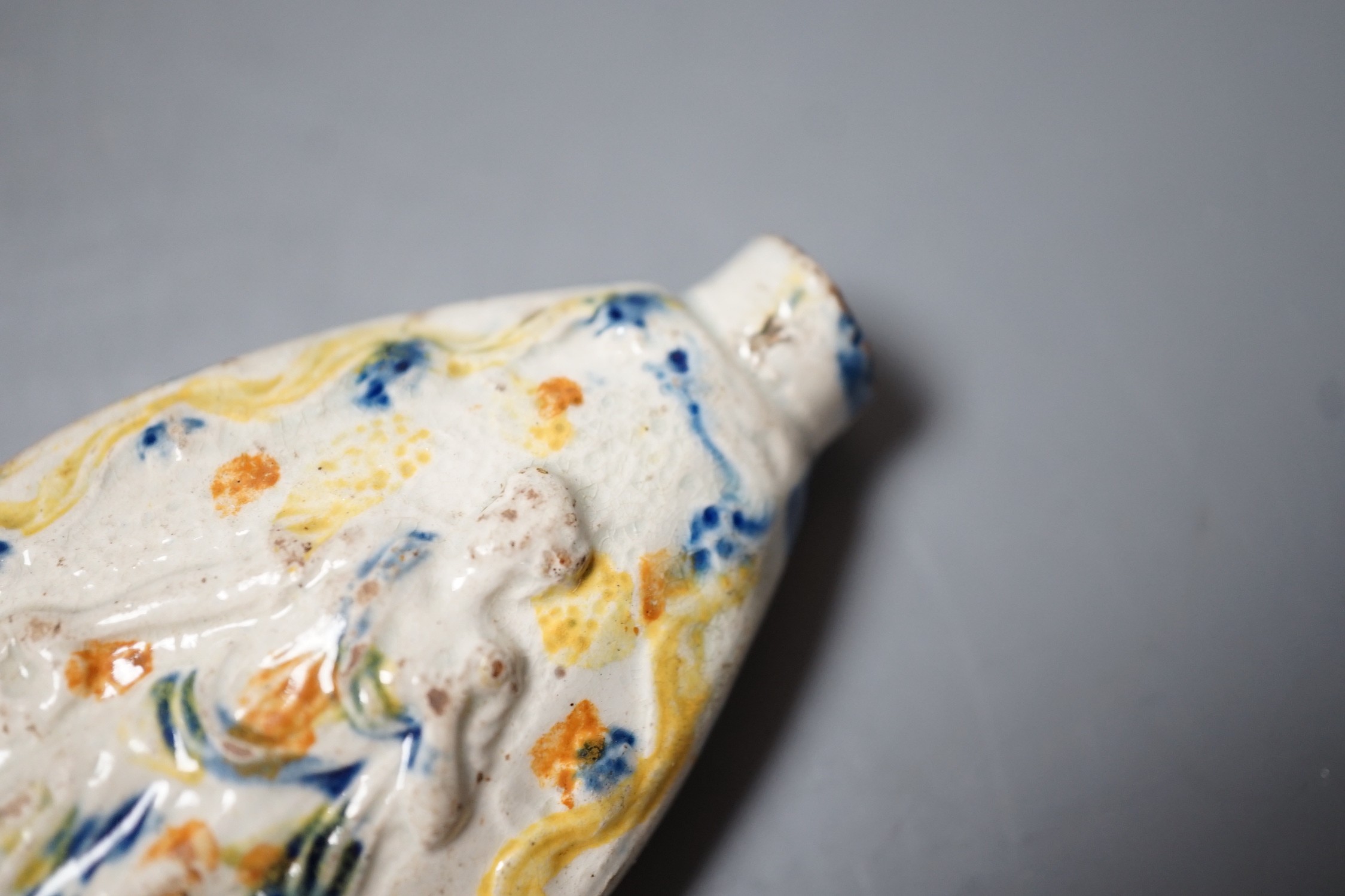 A late 18th century Prattware scent flask with figural decoration, c.1790-1800. 9cm long